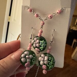 Silver and Pink Floral Glass Bead Necklace & Earring Set
